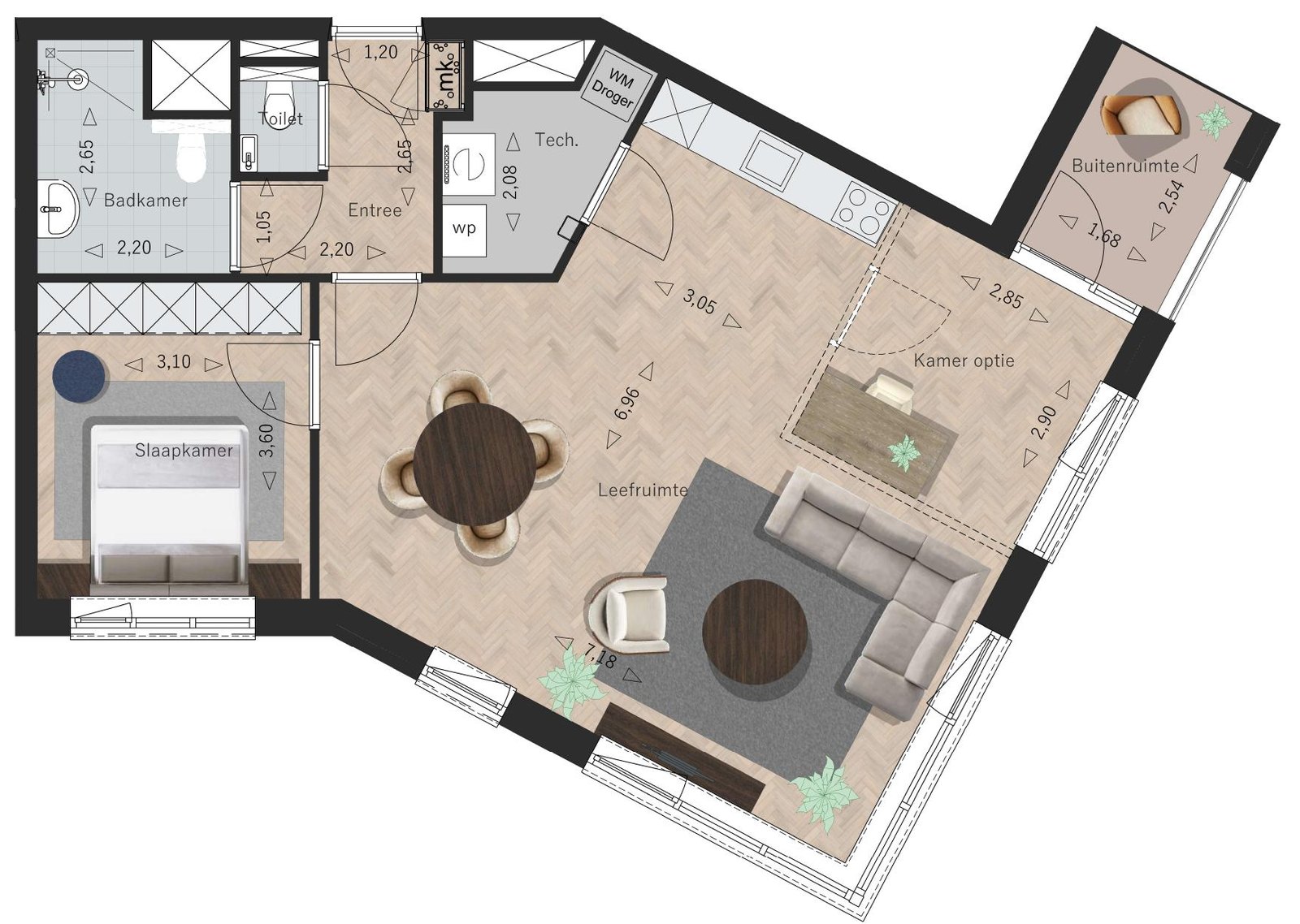 Sfeerplattegrond Appartement 8, La Licorne Oostburg